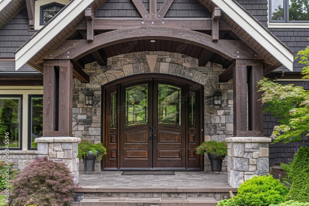 Stylish Wood Front Entrance Door with Stone Archway