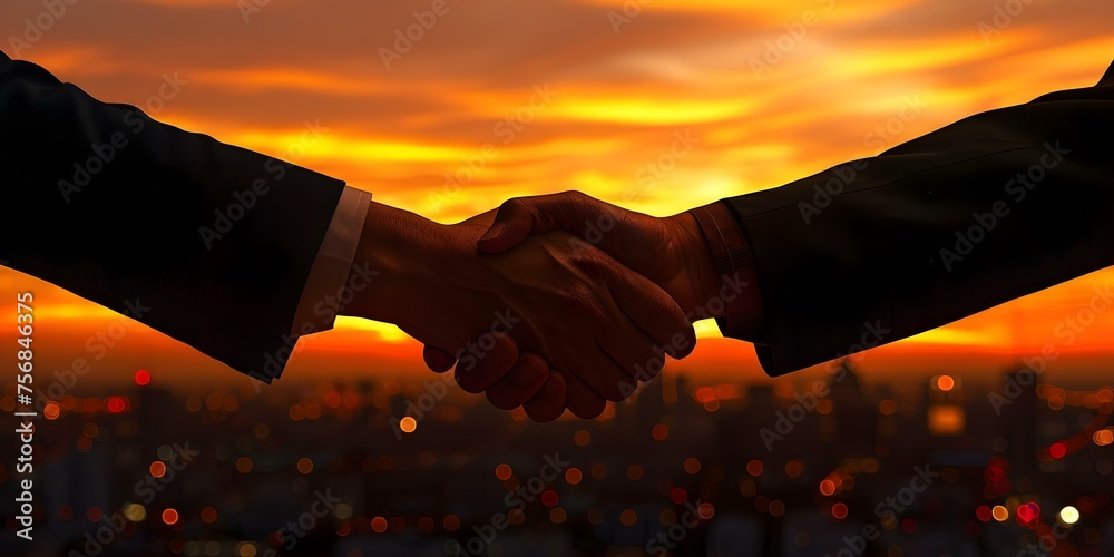 Two business partners shake hands in front of a sunset skyline. Concept Partnership, Business Deal, Handshake, Sunset Skyline, Collaboration - obrazy, fototapety, plakaty 