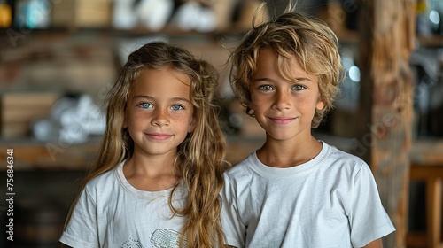 Two young boys couple in blank white t-shirts standing near grunge wall indoors. Mock up template for t-shirt design print