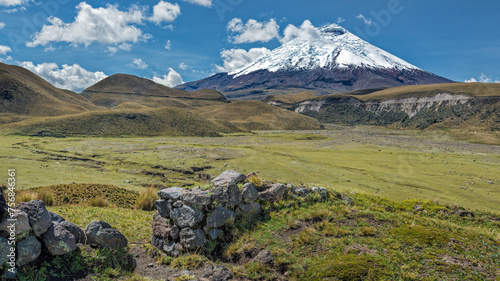 Cotopaxi view from the hill of the Pucara Del Salitre Incan ruins. The ruins are what remains from a military fortress built strategically on a hilltop for military observations and monitoring photo