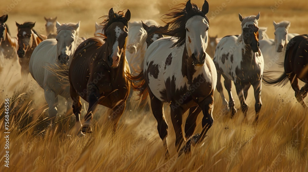 American Paint Horse in the Herd and Running, 8K  Landscape Photo Realistic - Generative AI - obrazy, fototapety, plakaty 
