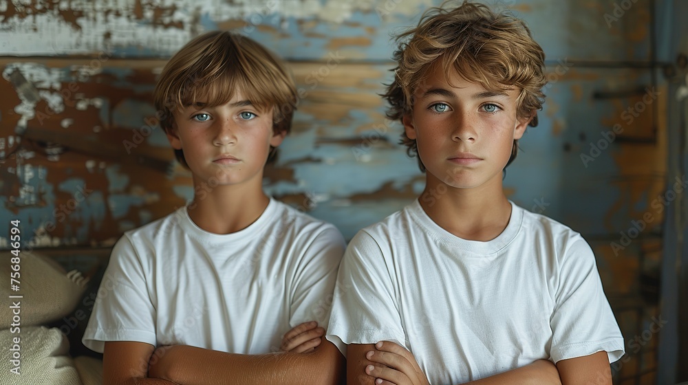 Two young boys couple in blank white t-shirts standing near grunge wall indoors. Mock up template for t-shirt design print