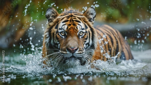 Amur Tiger Playing in The Water, Siberia. Dangerous Animal, Russia. Animal in Green Forest Stream. Siberian Tiger Splashing Water, 8K Photo - Generative AI © Hamza