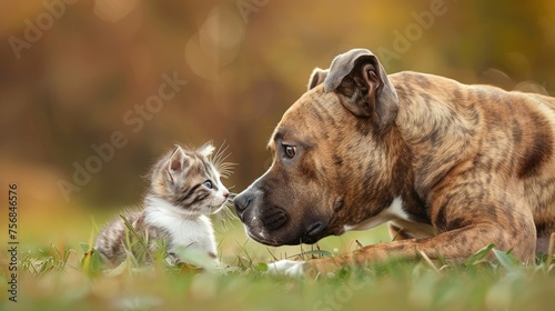 American Stafford-shire Terrier Dog Playing With Cute Little Kitten, 8K Photo - Generative AI