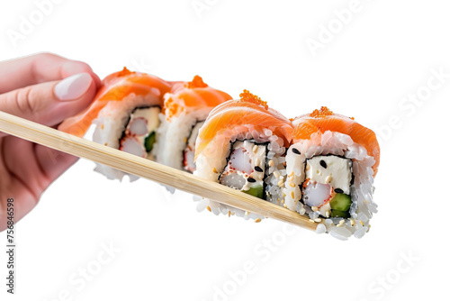 sushi on chopstick isolated on white
