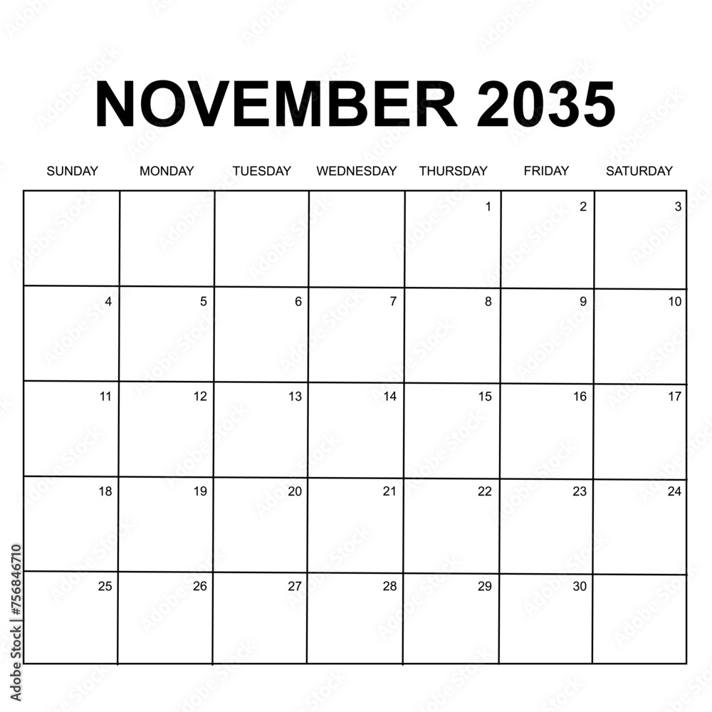 november 2035. monthly calendar vector design. week starts on sunday. printable simple, and clean vector design isolated on white background. - obrazy, fototapety, plakaty 