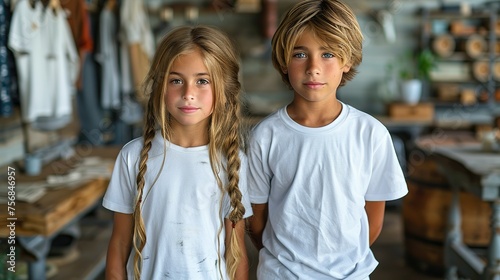 Two young boys couple in blank white t-shirts standing near grunge wall indoors. Mock up template for t-shirt design print