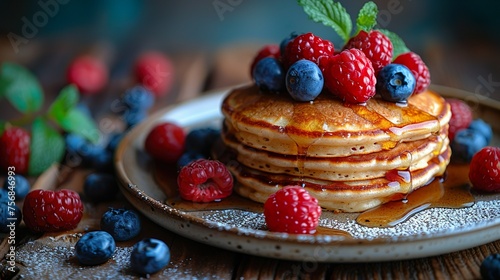 Pancakes with honey decorated with jabuticaba and raspberries. © Eliz