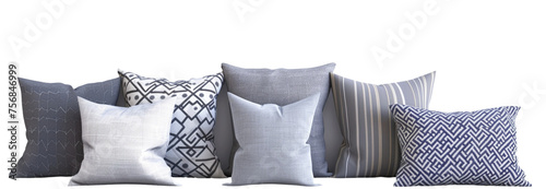 Realistic bed cushion. Gray Bed pillows for bedroom interior in stack and piles. 