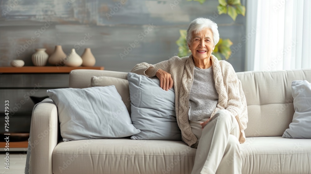 Smiling elderly woman in living room
Smiling elderly woman in living room