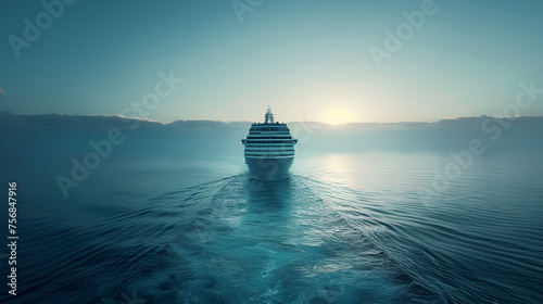 cruise ship sailing towards sunset