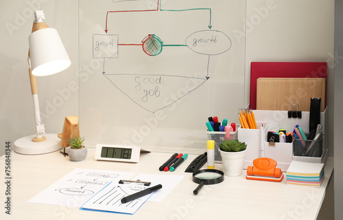 Business process planning and optimization. Workplace with lamp, notebook and other stationery on white wooden table