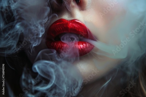 Sexy female lips blowing smoke from a cigarette. © Michael