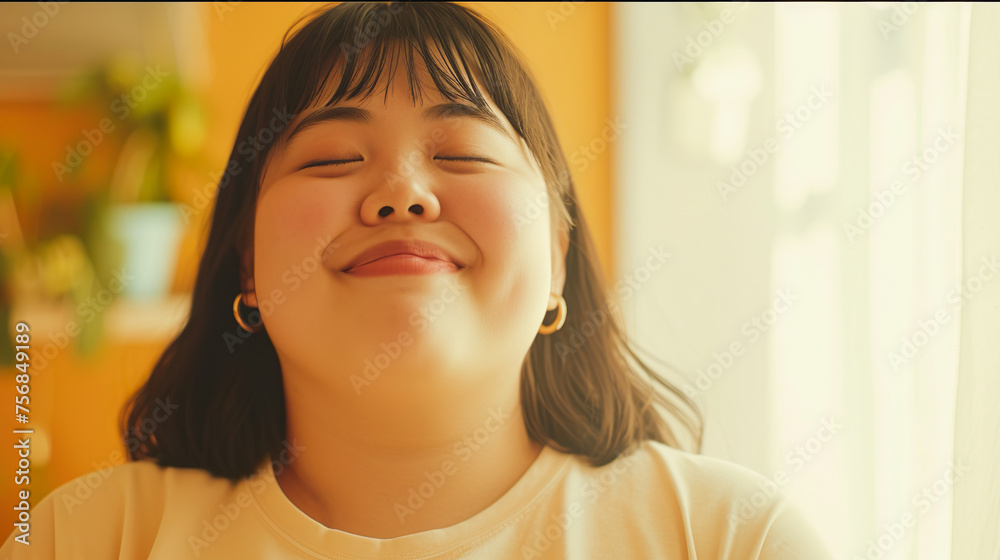 幸せそうな笑顔の若くて太った女性 幸せそうな笑顔の若くて太った女性
