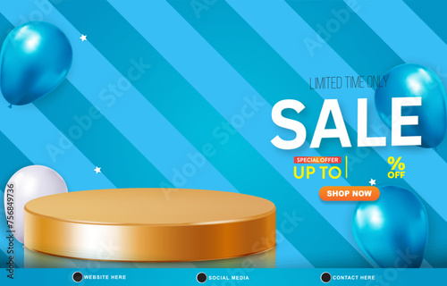 limited sale discount template banner with blank space 3d podium for product sale with abstract gradient blue and white background design