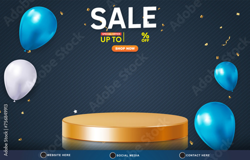 sale discount template banner with blank space 3d podium for product sale with abstract gradient blue and black background design