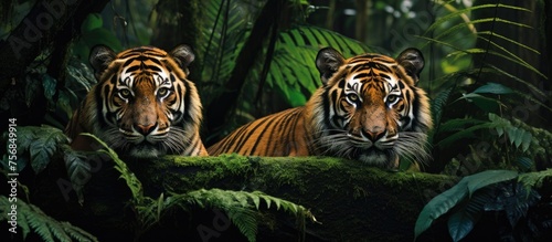 Two Bengal tigers lounging in the natural landscape of the jungle, gazing at the camera. These carnivorous big cats display their distinctive whiskers and majestic appearance