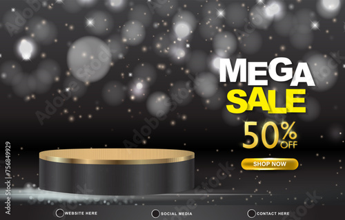 mega sale dscount template banner with blank space 3d podium for product sale with abstract gradient black and white background design