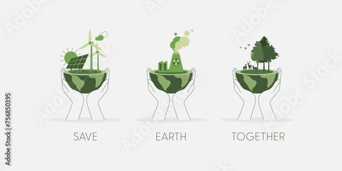 Set of Hands holding a green globe  earth. Earth Day  World Environment Day concept. Sustainable ecology and environment conservation concept design. Vector illustration.