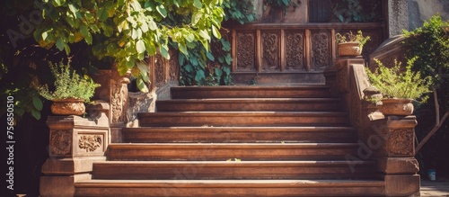 Vintage wooden staircase. Outdoor architectural design.