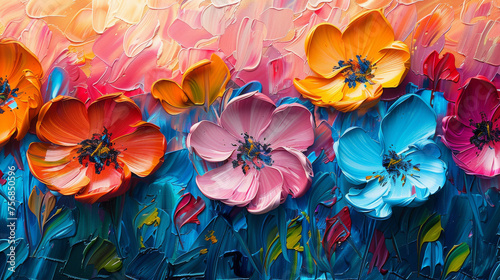 Large textured flowers in shades of pink, yellow, and blue, beautifully presented on an oil-painted canvas