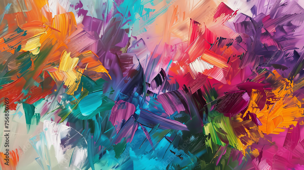 A dynamic composition features abstract flowers amidst a chaotic mix of colors and strokes - obrazy, fototapety, plakaty 