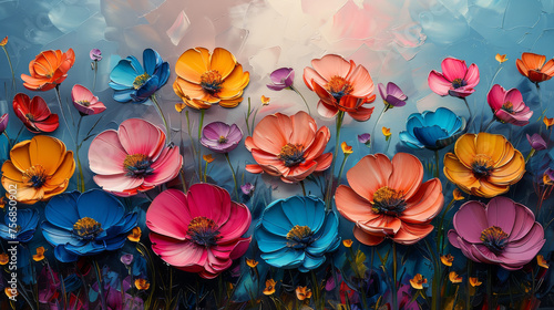 Vibrant and textured abstract floral painting with a dynamic mix of colors that pop against a soft background