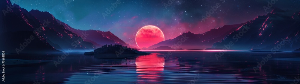 beautiful moon with retro neon style mountains with a large lake panoramic 32:9 in high resolution and high quality beautiful moon with retro neon style mountains with a large lake panoramic 32:9 in high resolution and high quality