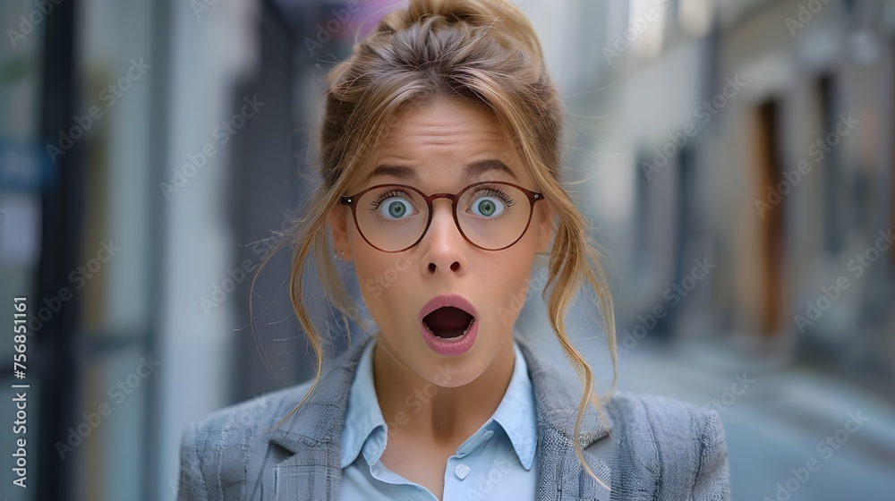 Surprized woman open mouth dropped her jaw, working bussiness female wearing suits glasses with shocked surprised amazement expression - obrazy, fototapety, plakaty 