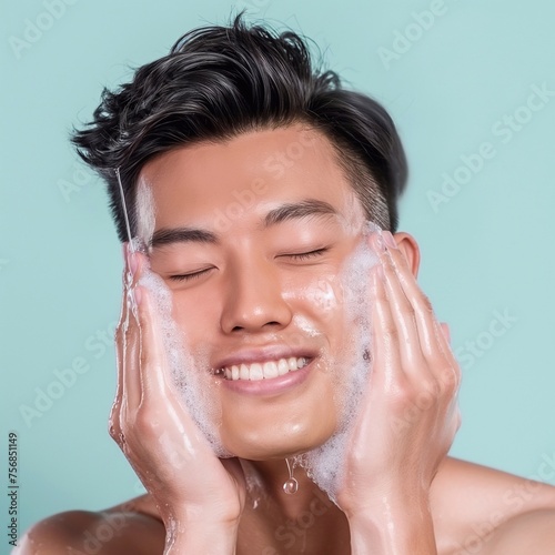 Asian men model washing his face with clean water. On a flat color background generative ai art