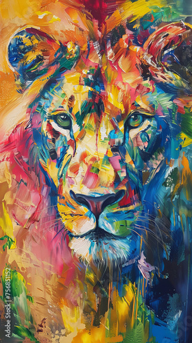 This striking image captures a colorful abstract painting of a lion  exuding strength and artistic flair