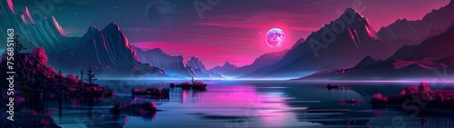 beautiful moon with mountains neon retro style