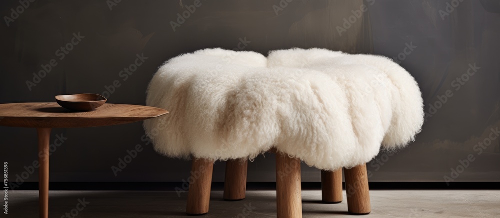 A white furry stool made with natural material is placed next to a hardwood table. The combination of fur and wood creates an artistic and fashionable accessory for any event A white furry stool made with natural material is placed next to a hardwood table. The combination of fur and wood creates an artistic and fashionable accessory for any event
