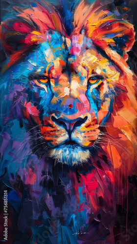 Evocative abstract artwork of a lion s face with explicit use of contrast and color to convey emotion