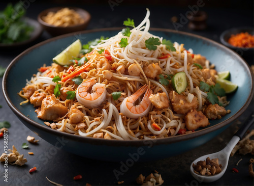 Authentisches Pad Thai mit Garnelen, Hühnchen und frischen Kräutern