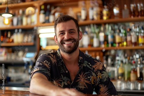 Male bartender behind the bar, hard-working pub owner with cheerful smile and bottles of alcohol for parties