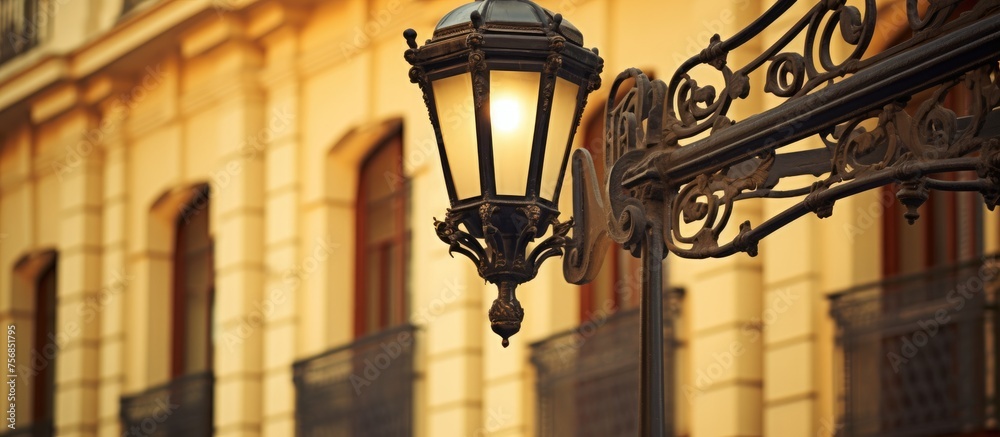 A light fixture hangs symmetrically from a building, illuminating the street with its tinted shades. The metal or wood lamp adds warmth to the urban event