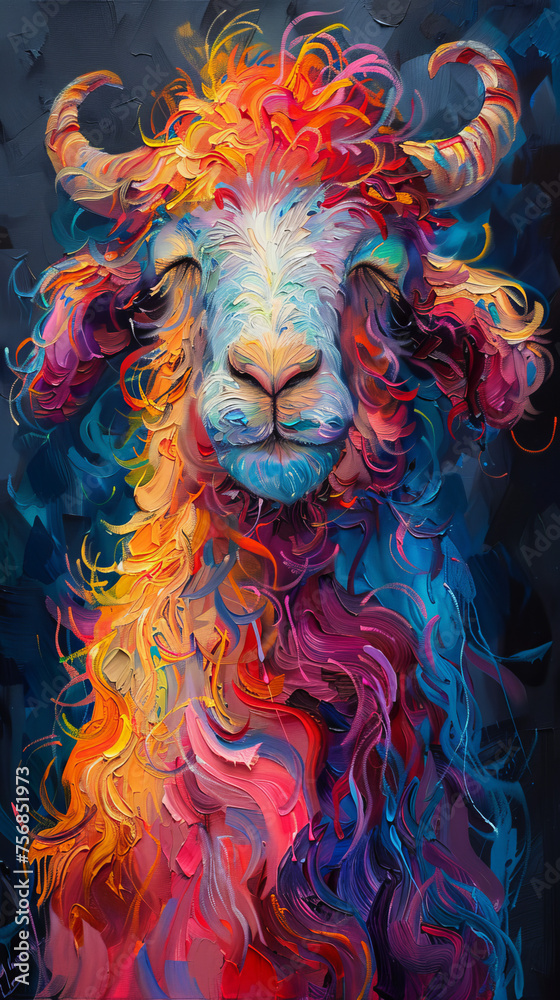 An stunning depiction of a goat's head with swirling vibrant hues accentuating its gentle features