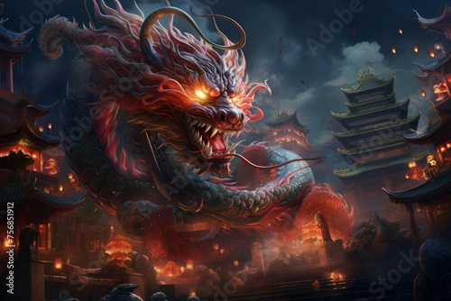 A dragon is depicted in a painting with a fiery red tail and glowing eyes