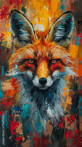Detailed artwork of a fox with an explosion of bright colors and expressive brush strokes