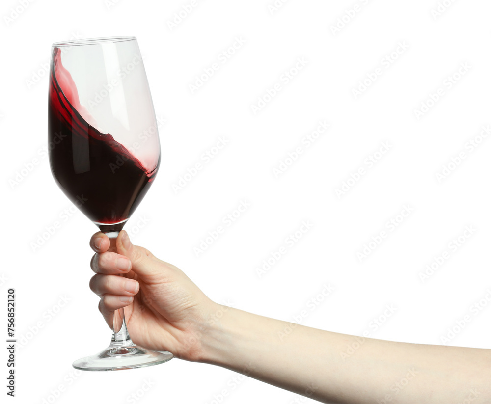 Woman with glass of wine isolated on white, closeup