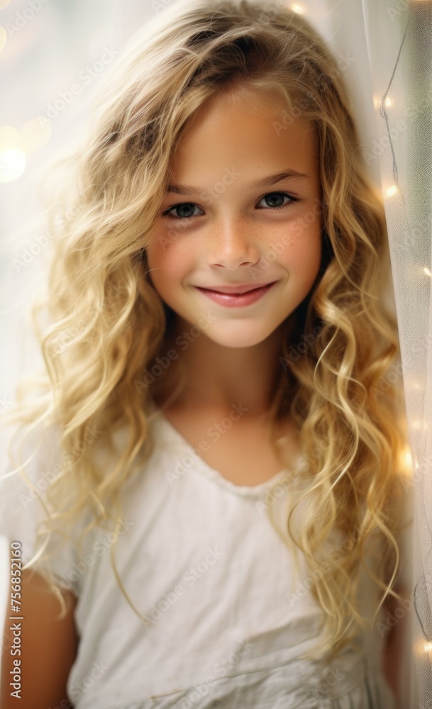 A young girl with blonde hair smiling in front of a white wall. Generative AI.