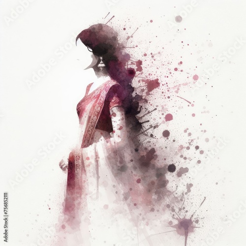 Indian girl wearing traditional clothes in splash ink painting with Generative AI.