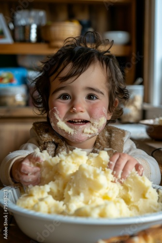A young child eating mashed potatoes in a bowl with a smile. Generative AI.