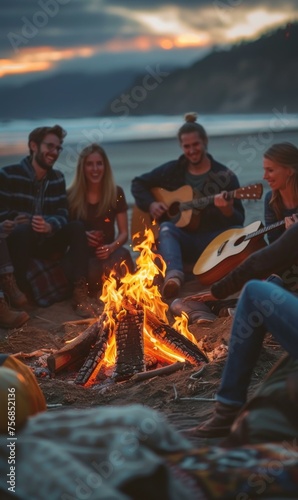 A group of people sitting around a campfire playing music. Generative AI.