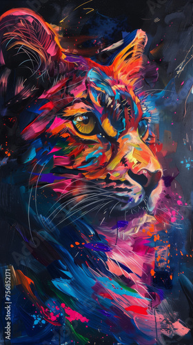 A strikingly rich and colorful portrayal of a cat that blends abstract art with the natural elegance of the feline form, symbolizing mystery and independence © Daniel
