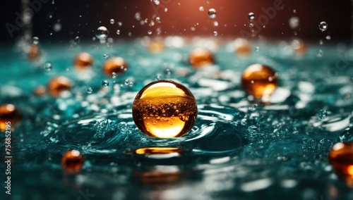 A close up of a glass ball in a pool of water. Generative AI.