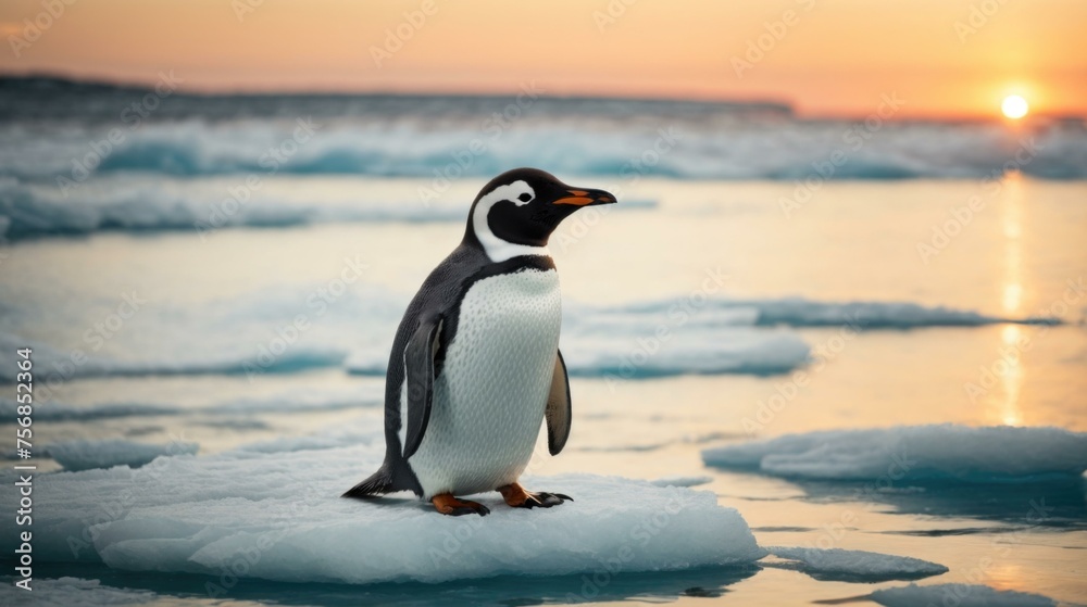 Obraz premium A penguin is standing on a piece of ice at sunset. Generative AI.