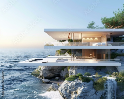 A modern house on a cliff overlooking the ocean. Generative AI. © serg3d