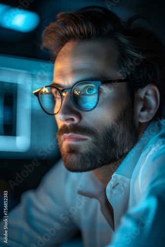 A man with glasses looking at something in the dark. Generative AI.